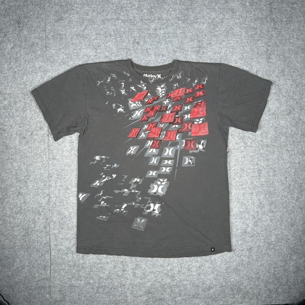 Vintage Hurley T-Shirt Mens Large Charcoal Grey Y2K Surf Skate All Over Print